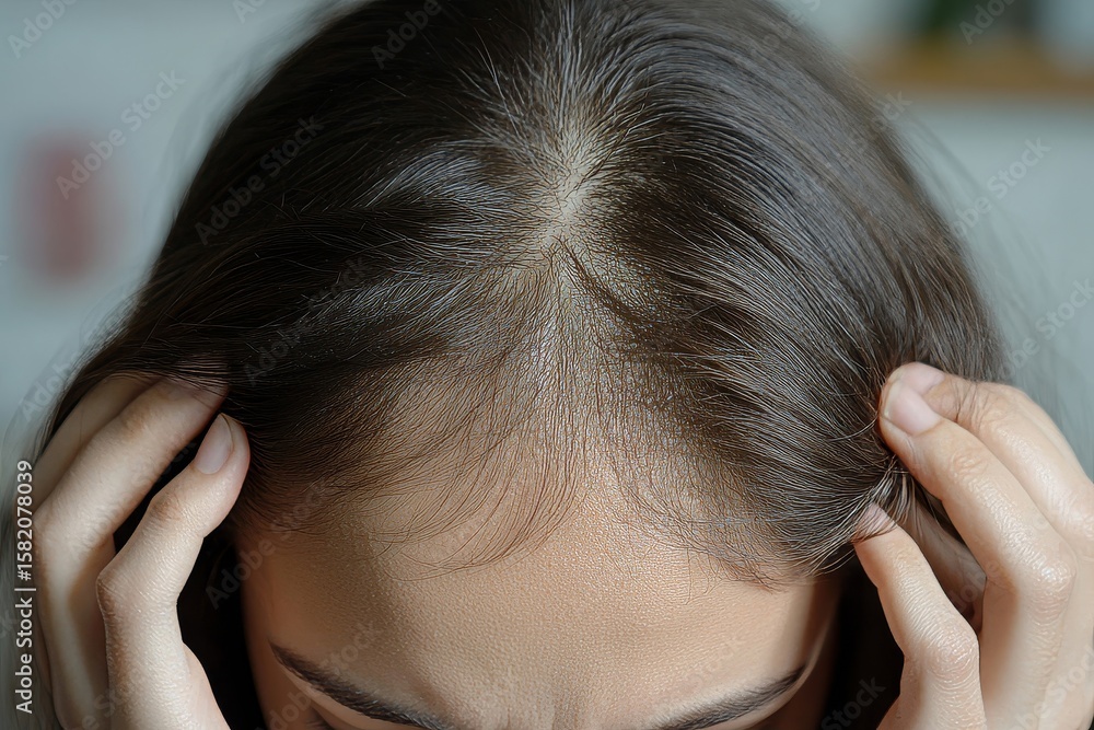 Fototapeta premium Hair loss problem, Asian woman looking at her scalp, worried about thinning hair and considering possible treatments, Generative AI
