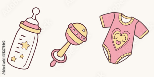 Cute baby essentials including bottle rattle and onesie isolated on white background