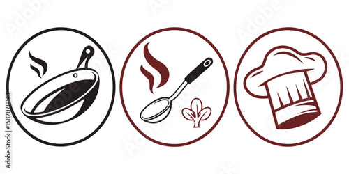 Three cooking icons representing a frying pan spoon and chef hat isolated on white background