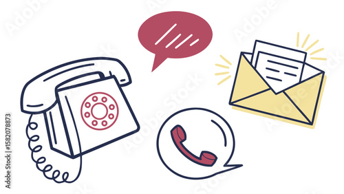 Retro telephone and email communication symbols isolated on white background