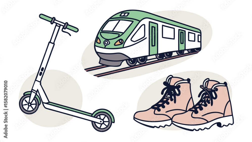 Naklejka premium Electric scooter train and boots for travel and commuting isolated on white background