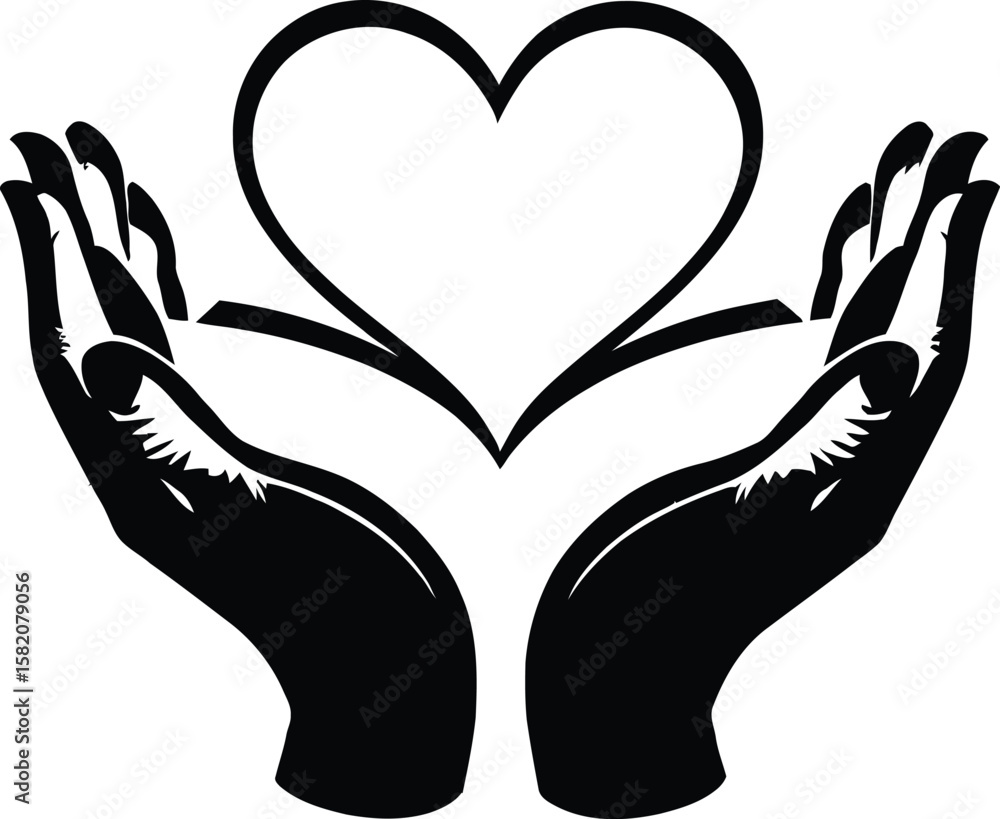 Obraz premium Support and Care Icon Illustration Minimalist Black Silhouette Featuring Cupped Hands Holding a Heart for Charity and Wellness Branding