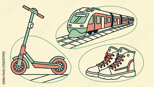 Modern transportation options including a scooter train and shoes isolated on white background