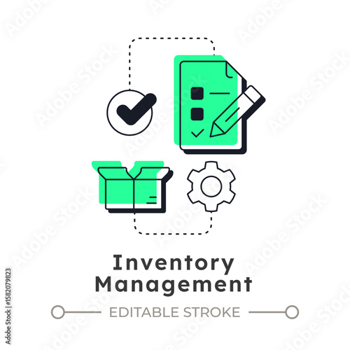 Inventory management modern linear concept icon. Forecasting production needs. Benefit of capacity regulation. Flat outline elements connected with dotted lines. Creative visual. Easy to edit