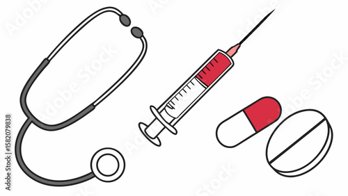 Medical equipment including a stethoscope syringe and pills isolated on white background