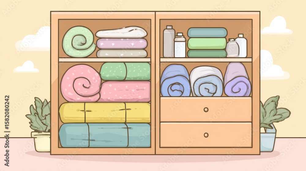 Fototapeta premium Colorful storage cabinet filled with textiles