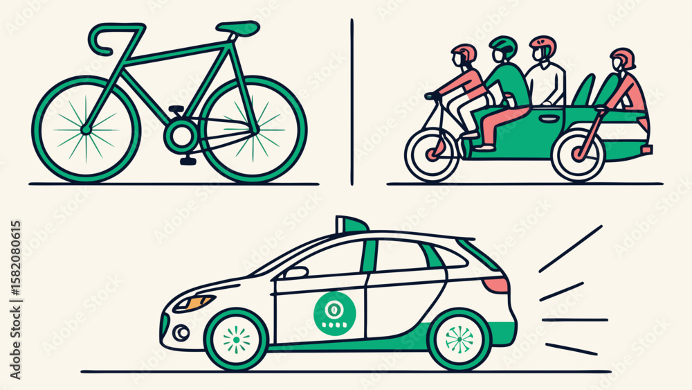Fototapeta premium Diverse transportation options including bicycle taxi and car isolated on white background