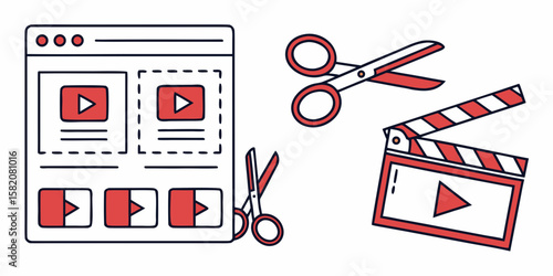 Video editing concept with scissors and clapperboard isolated on white background