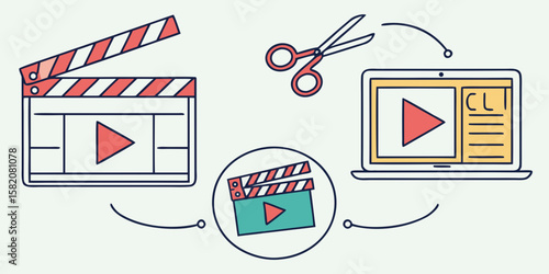 Video production workflow with clapperboard scissors and laptop isolated on white background