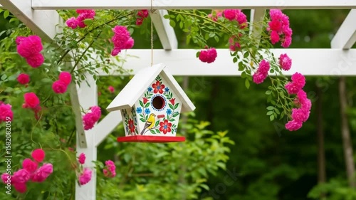 A charming birdhouse adorned with pink roses hangs gracefully in a serene garden setting
