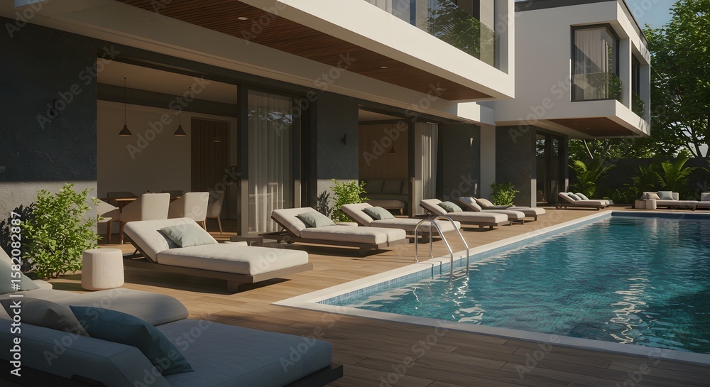 Fototapeta premium Luxury Modern Villa with Swimming Pool and Lounge Area