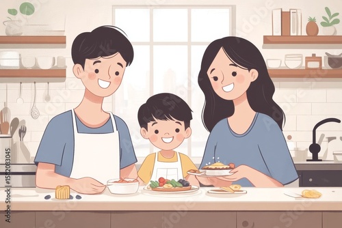 Happy family together. Asian parents eating breakfast with their little son in the kitchen, Generative AI