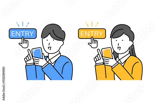 スマホのエントリーボタンを押す若い男性と女性のイラスト