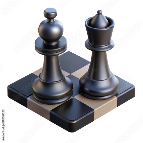 3d black chess pieces on minimalist board isolated on transparent background