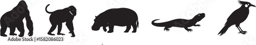 A collection of black animal silhouettes including a gorilla monkey hippopotamus lizard and bird on a white background