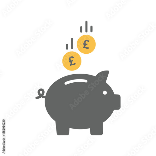  Piggy Bank with Falling Pound Coins, Financial Savings, Investment, Economic Growth Illustration