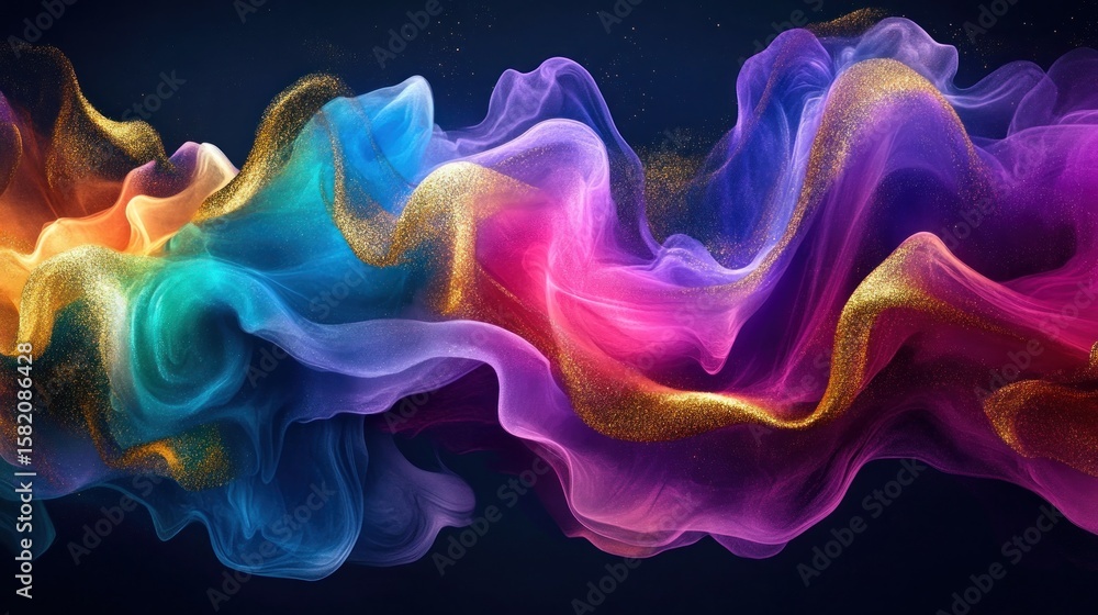 Obraz premium Abstract, flowing, vibrant colors, gold glitter, smoke-like textures