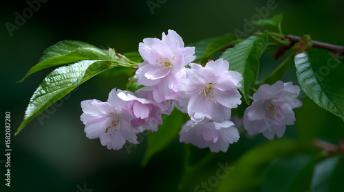 Cherry Blossom Branch: Capturing the delicate beauty of spring, a branch of cherry blossoms in full bloom displays soft pink petals against a background of fresh green leaves.