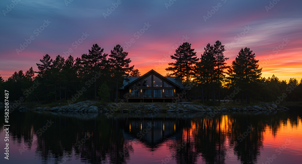 Fototapeta premium Lakeside cabin at sunset