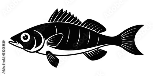 A sleek vector silhouette captures the essence of a perch black fish against a clean white backdrop, perfect for diverse design applications.