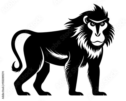 A striking black silhouette presents a detailed vector of a baboon against a clean white backdrop, perfect for various design applications requiring primate imagery.
