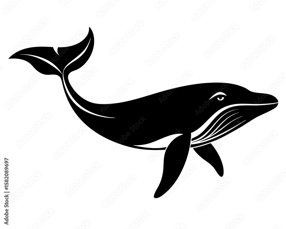 Obraz premium Graceful humpback whale silhouette artfully rendered in black vector format against a pristine white background, embodying marine life.