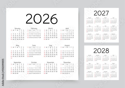 Calendar for 2026, 2027, 2028 years. Calender templates. Desk planner layout. Week starts Sunday. Set of yearly organizers. Grid with 12 month in English. Vector illustration. Square simple design.