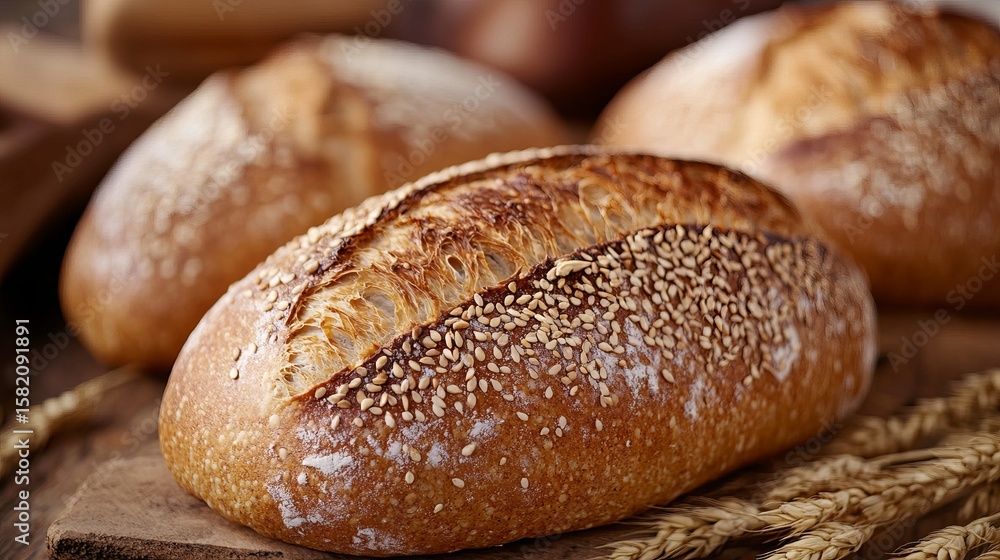 Golden-brown artisan loaves, speckled with sesame seeds, rest on a rustic wooden surface alongside wheat stalks Golden-brown artisan loaves, speckled with sesame seeds, rest on a rustic wooden surface alongside wheat stalks