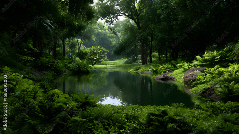 Naklejka premium Tranquil Forest Reflection: A picturesque forest pond reflecting the vibrant foliage, with sunlight filtering through the leaves, offers a serene escape into nature's beauty.