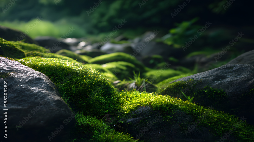 Obraz premium Lush Moss-Covered Stones: An inviting tableau unfolds, highlighting moss-covered stones in a verdant, serene setting. The image encapsulates the tranquil essence of nature.