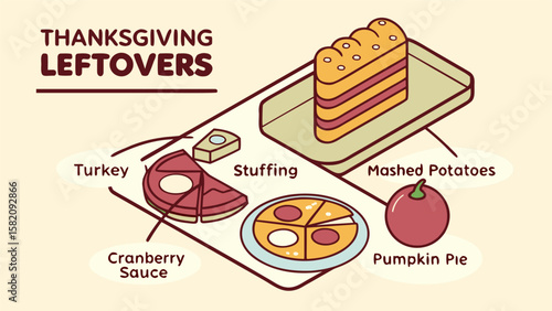 A colorful isometric illustration showcases thanksgiving leftovers including turkey slices stuffing cranberry sauce mashed potatoes and a slice of pumpkin pie all labeled for clarity and visual appeal