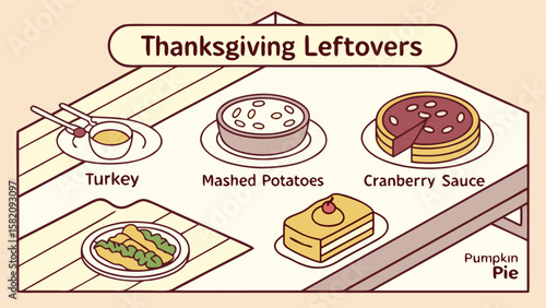A charming isometric illustration showcasing a delightful spread of thanksgiving leftovers including turkey mashed potatoes cranberry sauce and pumpkin pie presented on a patterned tablecloth