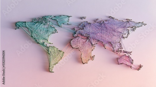 World map with interconnected threads