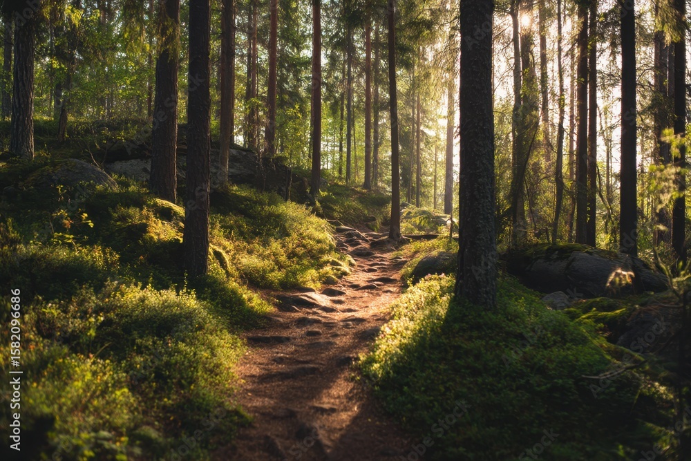 Naklejka premium Sunlit forest trail winding through mossy ground with tall trees casting dappled shadows creating a peaceful and serene atmosphere for a nature walk