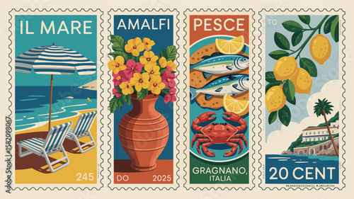 Postage stamp-style illustrations with an Amalfi, Italy theme. They depict a beach scene with an umbrella and chairs ("Il Mare"), a vase with flowers ("Amalfi"), fish and crab ("Pesce")