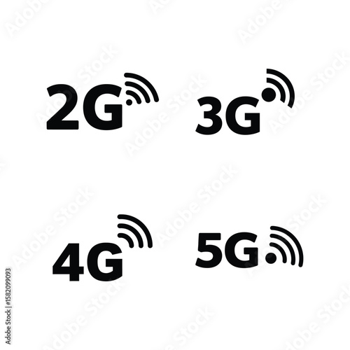 Mobile network icons vector set: 2G, 3G, 4G, 5G symbols for connectivity and data speed