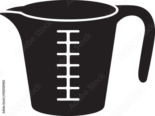 Black silhouette of a measuring cup with white measurement markings on a white background