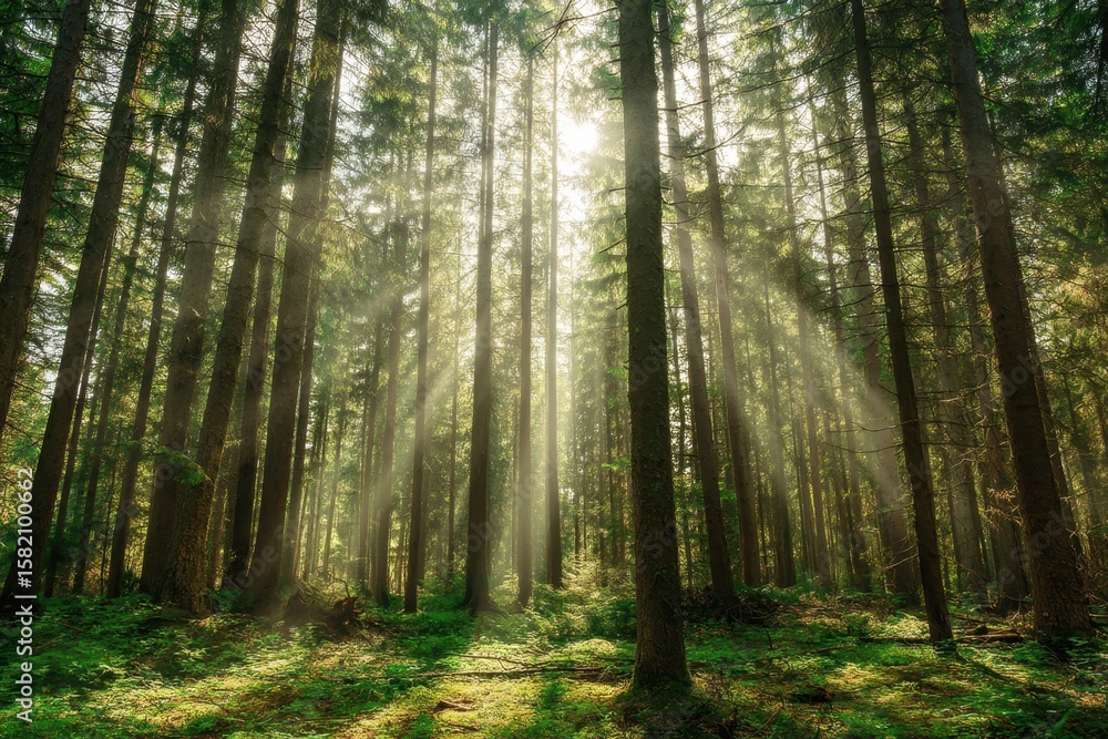 Obraz premium Sunlight filters through tall pine trees in a dense forest creating a serene and peaceful natural atmosphere with rays of light illuminating the forest floor and lush green vegetation