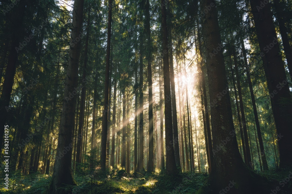 Obraz premium Sunbeams piercing through a dense forest canopy illuminating tall pine trees creating a magical atmosphere