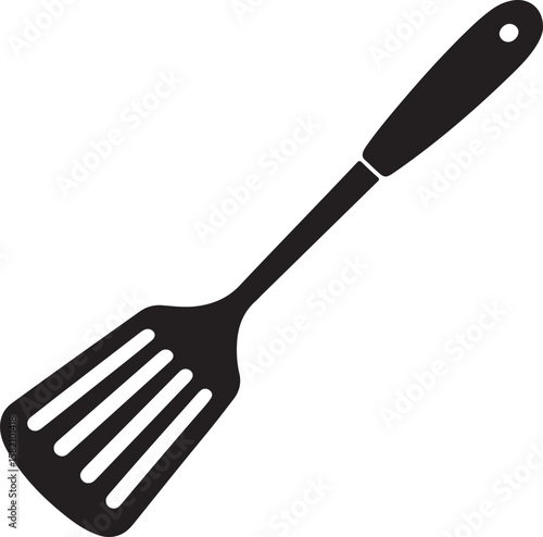 Black silhouette of a slotted turner spatula kitchen utensil isolated on white background