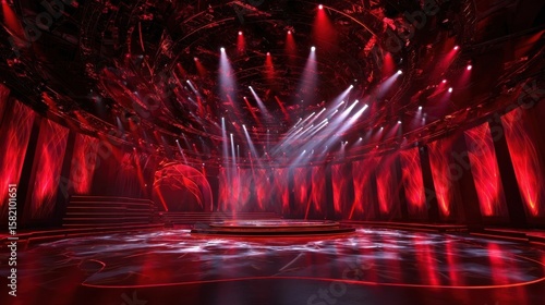 A vibrant stage setup with red lighting, circular patterns, and a central spotlight area, ideal for performances or presentations.