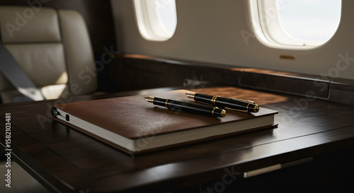Luxurious jet interior, pens on a leather journal