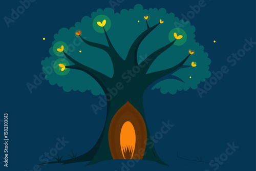 hollow tree filled with glowing flora