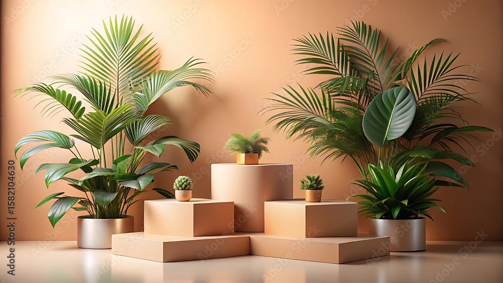 Fototapeta premium A minimalist display of various indoor plants on pedestals in a warmtoned room