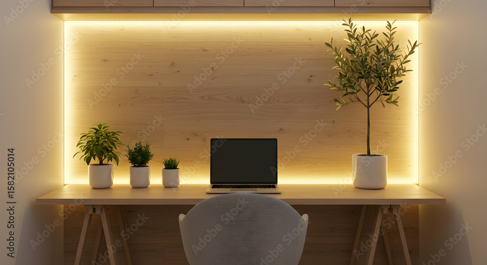 custom made wallpaper toronto digitalModern Home Office Setup with Warm LED Lighting and Plants