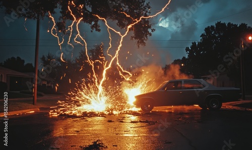 A car struck by lightning in a suburban street at night.  Powerful, fiery bolts illuminate the scene, sparking amidst a blaze of orange light.  Dark clouds loom overhead