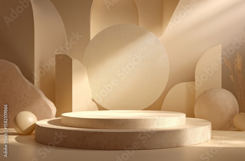 Sunlit minimalist beige podium scene with abstract shapes and textured surfaces; featuring circular, arched, and organic forms