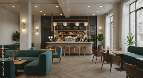 Modern Cafe Interior with Bar and Seating Area