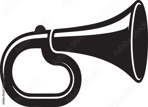 Black silhouette of a hunting horn or bugle on a white background