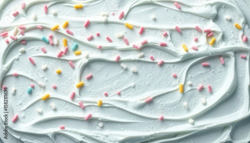 Close-up of cake frosting with colorful sprinkles for festive celebration